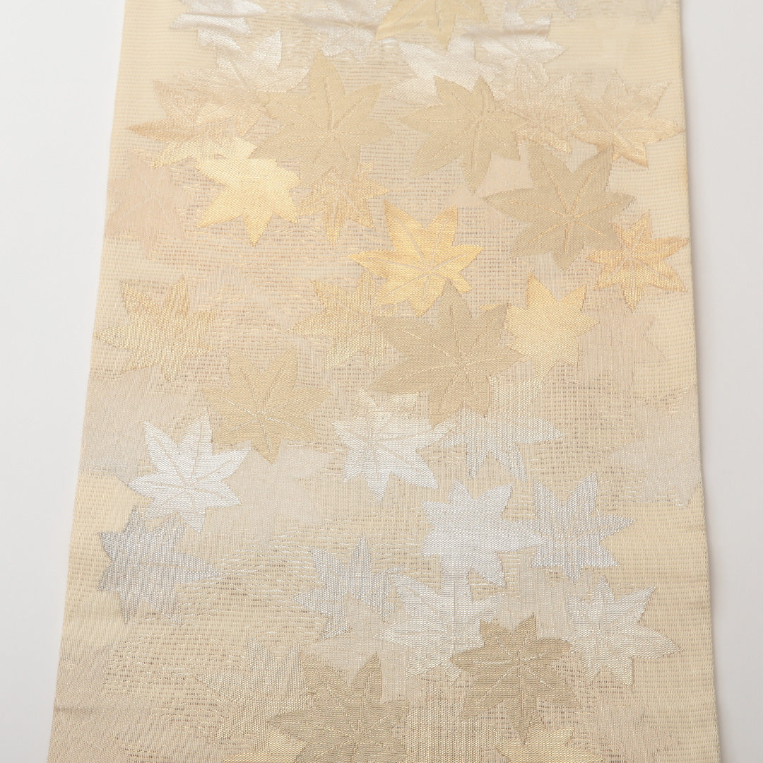 夏物 名古屋帯 六通 帯丈350cm カジュアル Aランク 正絹 絽 紅葉 楓 金系 1224-02152