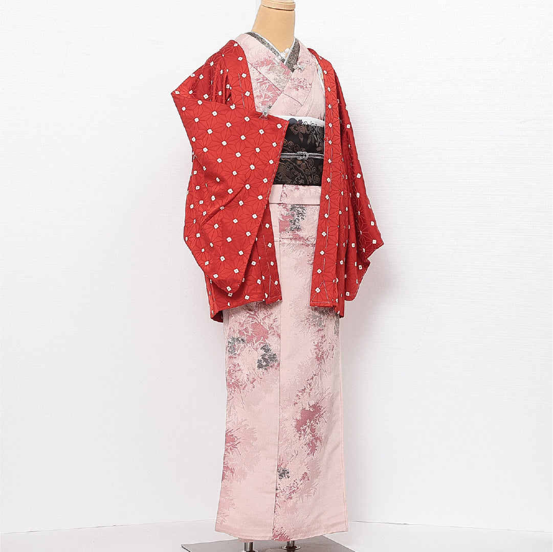 未使用品 羽織 袷 身丈75cm 裄丈65cm 正絹 Nランク カジュアル Mサイズ しつけ糸 麻の葉 赤系 RP 1232-13767