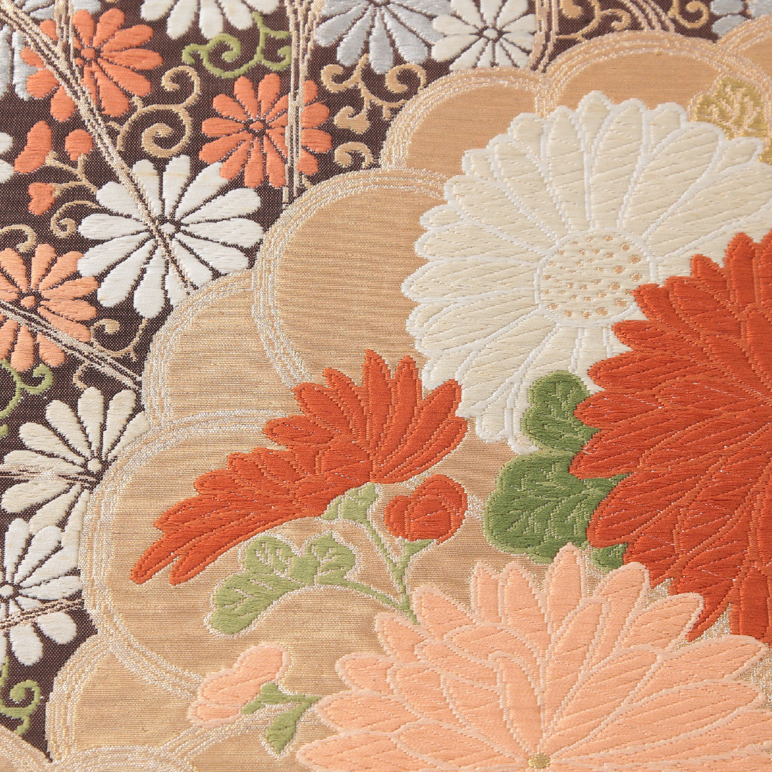 アンティーク 袋帯 帯丈404cm 六通 Cランク 正絹 吉祥文様 菊 多色系 1223-01454