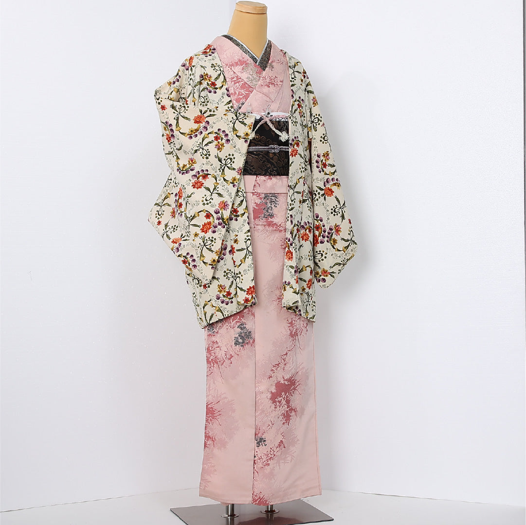 羽織 袷 身丈83cm 裄丈64cm 正絹 Aランク カジュアル Mサイズ 紐あり 撫子 ダリア カーネーション クリーム系 M4 1232-12615
