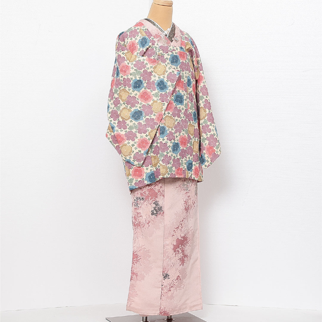 道行コート 袷 身丈81cm 裄丈62cm 正絹 Sランク セミフォーマル Sサイズ ポケットあり 花柄 多色系 RP 1237-13787