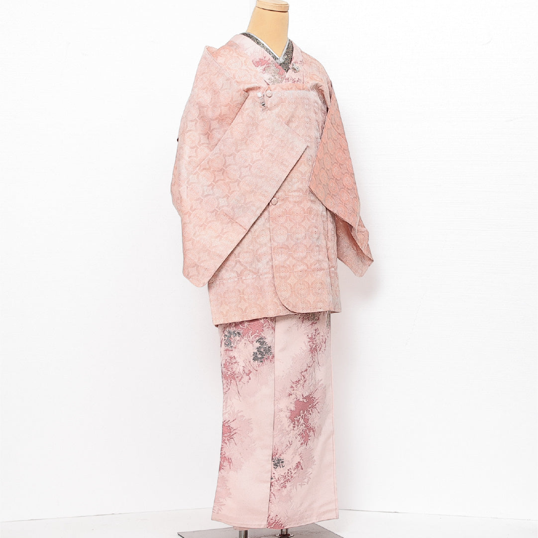 道行コート 夏物 身丈83cm 裄丈64cm Sランク 正絹 Mサイズ セミフォーマル 紋意匠（アラベスク） しつけ糸 もじり織 上品 落ち着き ピンク系 ベージュ系 1263-13774
