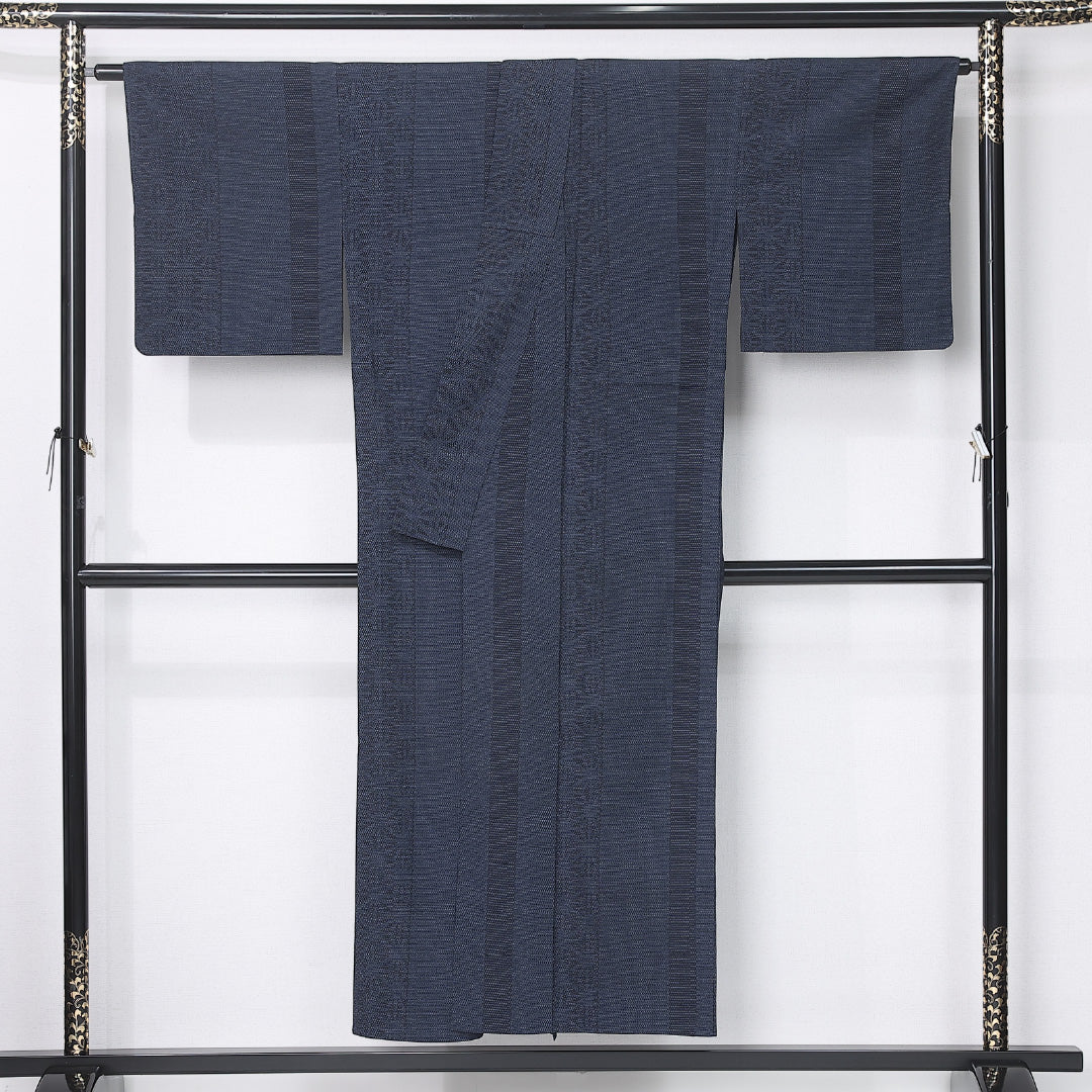 紬 身丈148cm 裄丈65.5cm Sランク XS 正絹 単衣 広衿 麻の葉 カジュアル 紺系 1216-12220