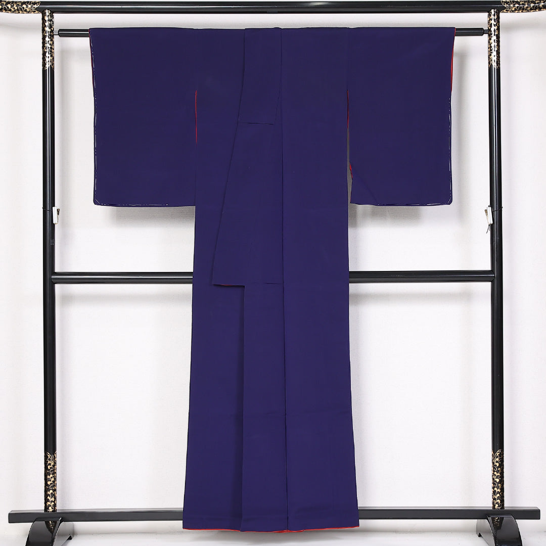 アンティーク 色無地 袷 身丈156cm 裄丈63cm 正絹 Aランク Mサイズ 広衿 ちりめん 無地 紺系 1214-05318