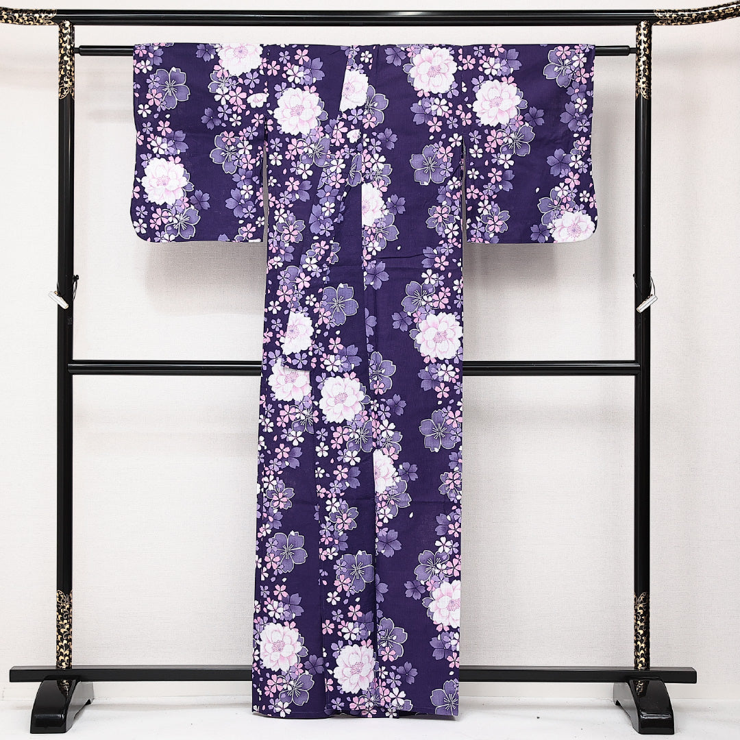 浴衣 夏物 洗える着物 身丈160cm 裄丈62cm Sランク 木綿 バチ衿 Lサイズ カジュアル 桜 可憐 爽やか 紫系 1218-14201