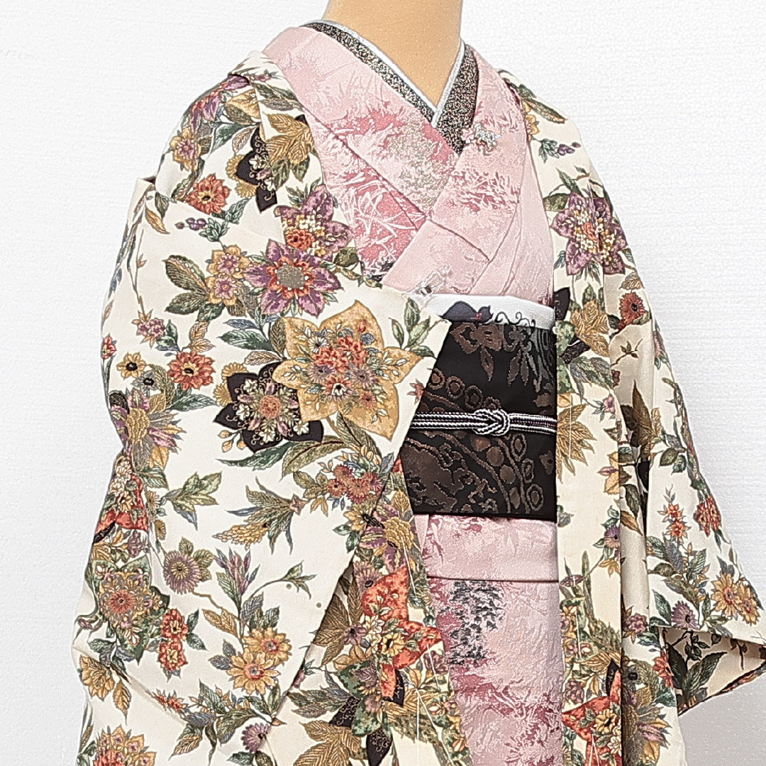 羽織 袷 身丈76cm 裄丈63cm ポリエステル 洗える着物 Cランク カジュアル Sサイズ 植物柄 モダン ボタニカル 白系 HP 1232-13797