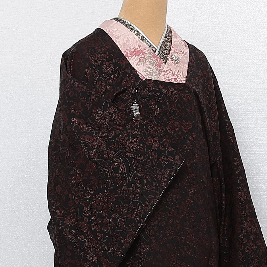 道行コート 袷 身丈95cm 裄丈65cm 正絹 Aランク セミフォーマル Mサイズ 織り出し ポケットあり しつけ糸 花柄 黒系 HP 1237-13757
