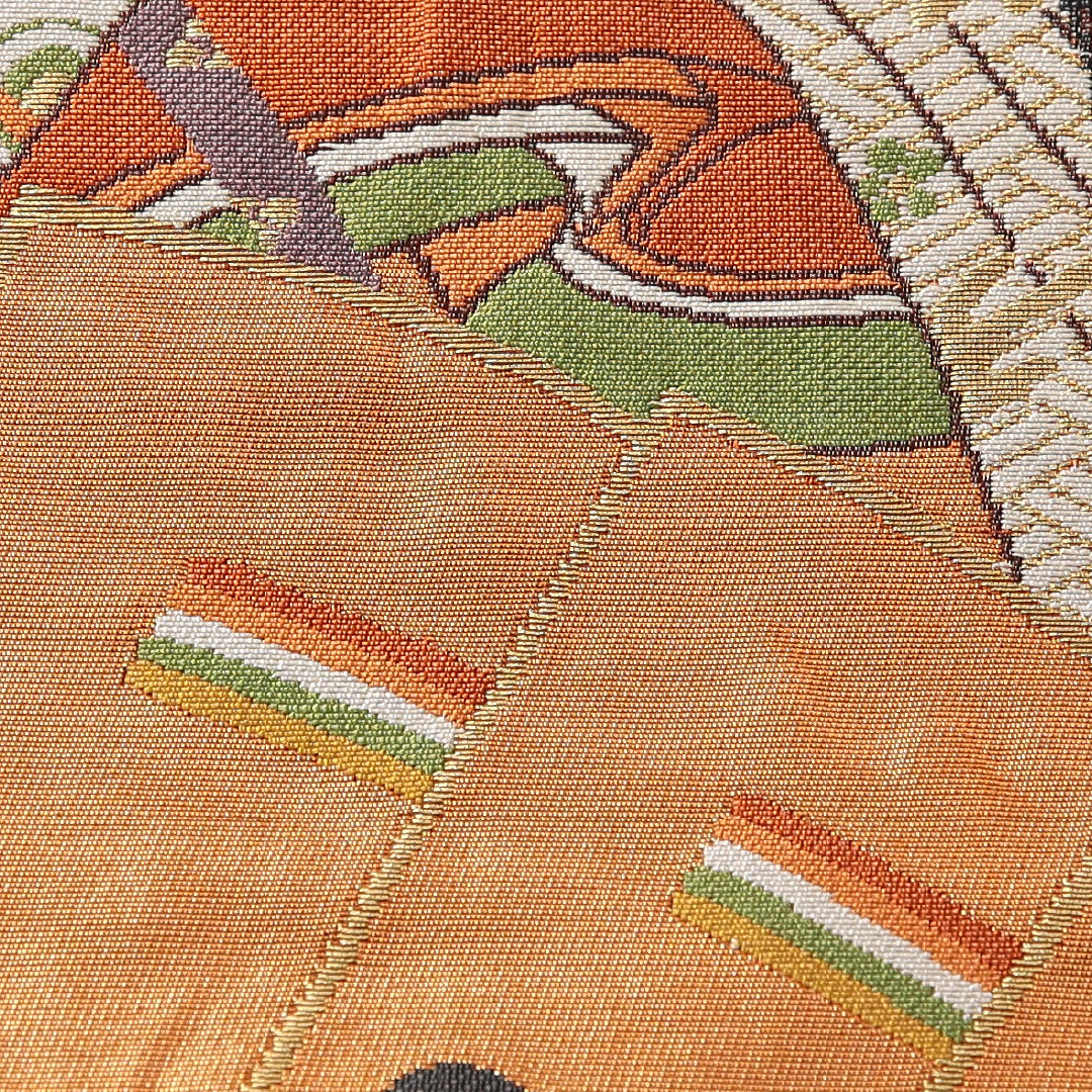 袋帯 帯丈444cm フォーマル 六通 Aランク 正絹 平安絵巻 朱系 1223-02155