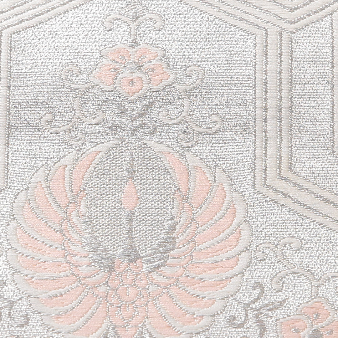 袋帯 帯丈424cm フォーマル 六通 帯芯なし Cランク 正絹 鳳凰 毘沙門亀甲 クリーム系 銀系 1223-02164