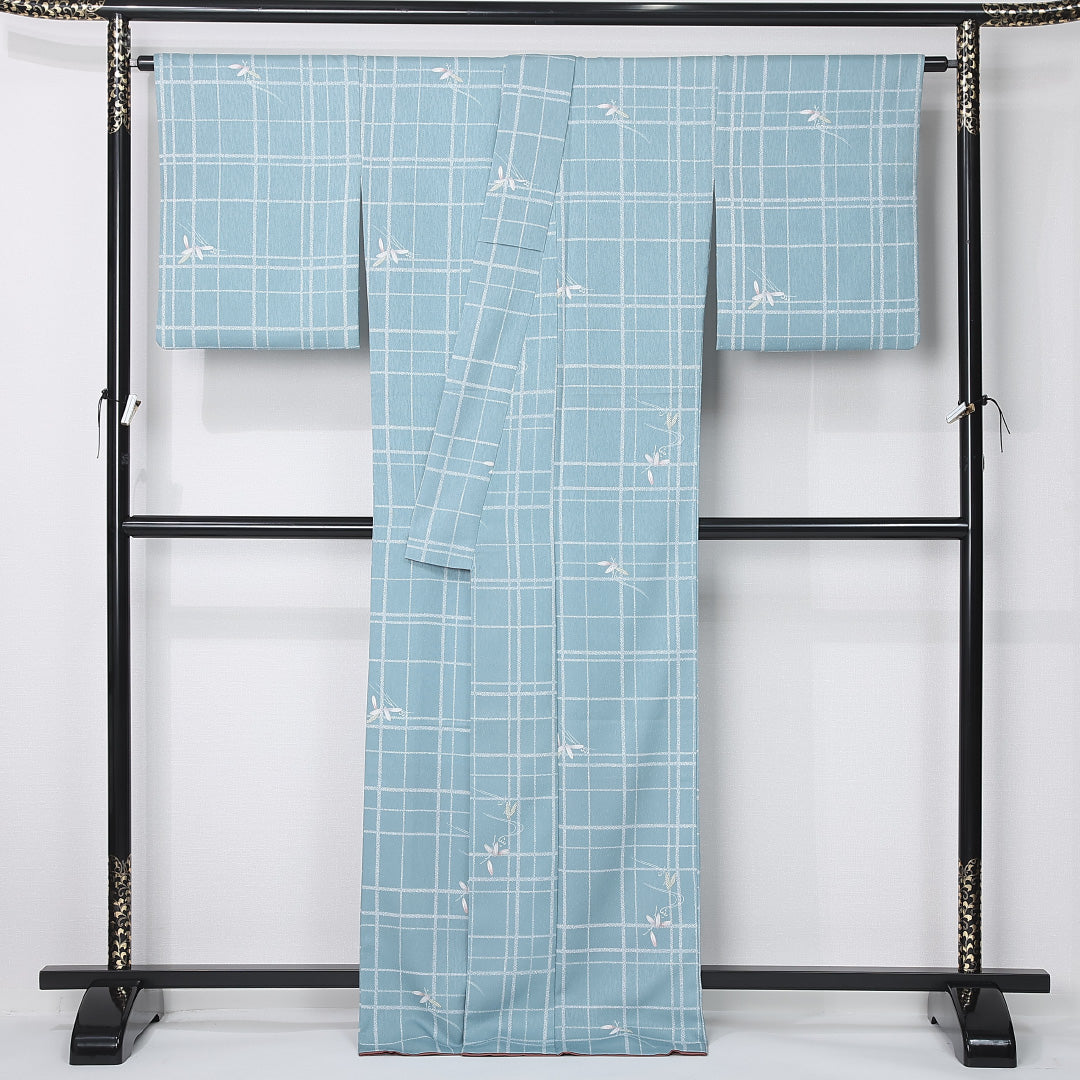 洗える着物 小紋 袷 身丈167cm 裄丈65cm ポリエステル Sランク インフォーマル 広衿 XLサイズ 格子 笹 水色系 RP 1221-12392