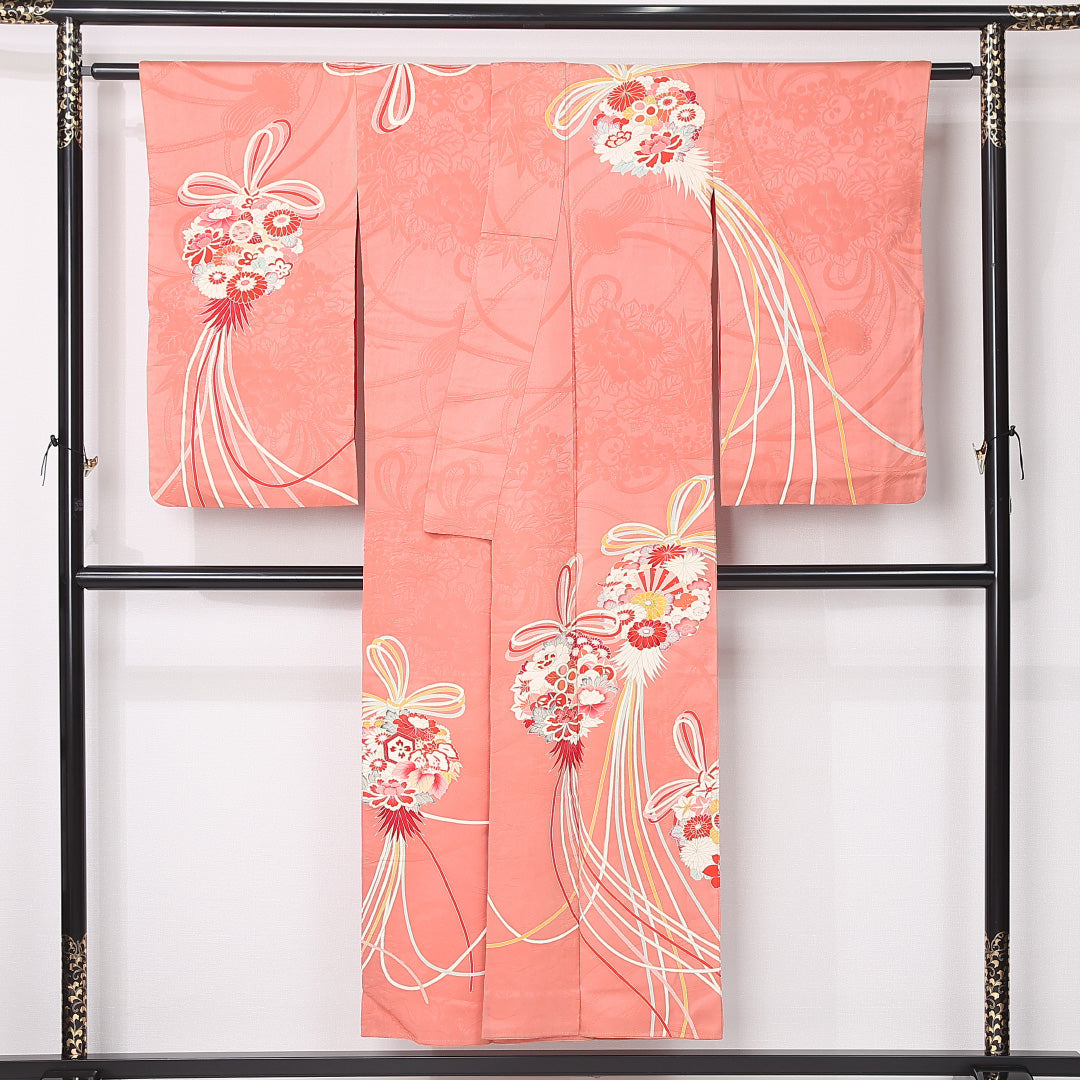 アンティーク 訪問着 (錦紗) 袷 身丈149cm 裄丈63cm 正絹 Aランク 一つ紋 (五三桐) 広衿 XSサイズ 薬玉 ピンク系 RP 1217-12445