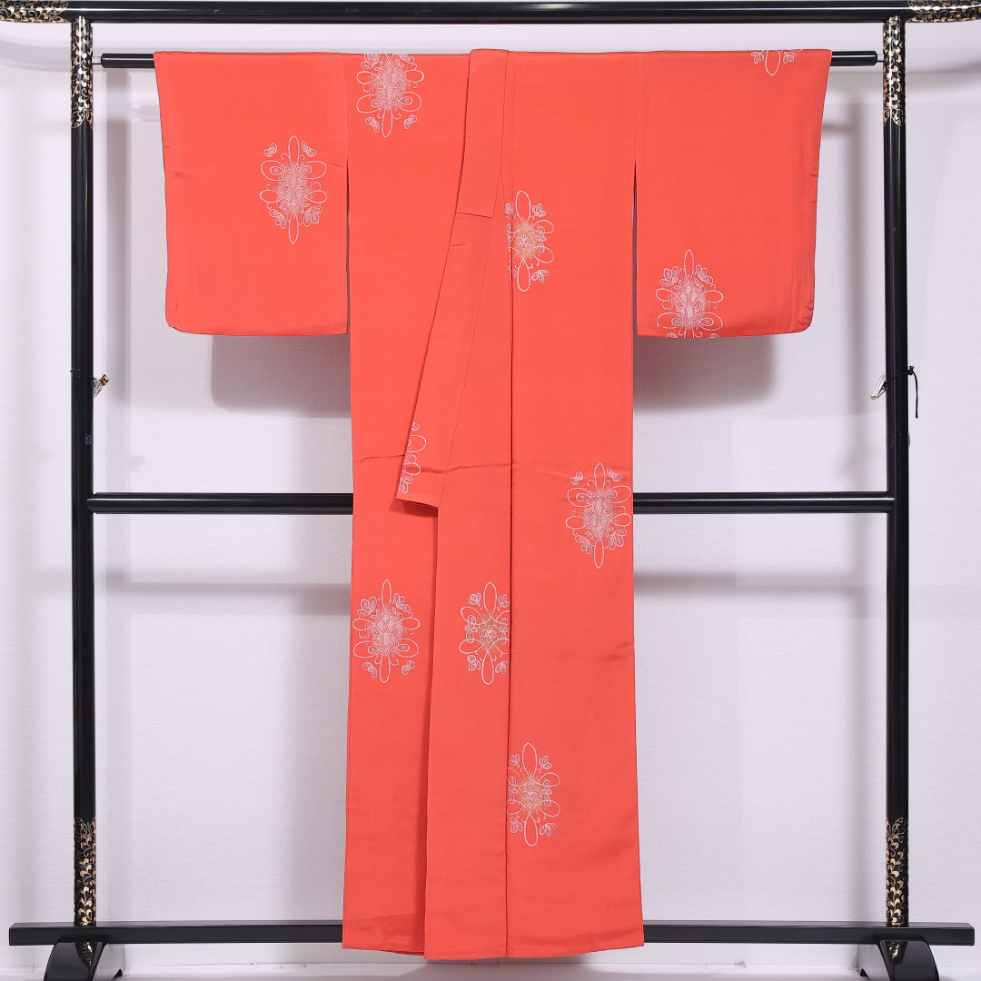 小紋 袷 身丈153cm 裄丈63cm 正絹 Cランク インフォーマル バチ衿 Sサイズ 創作柄 ピンク系 LP 1221-11809