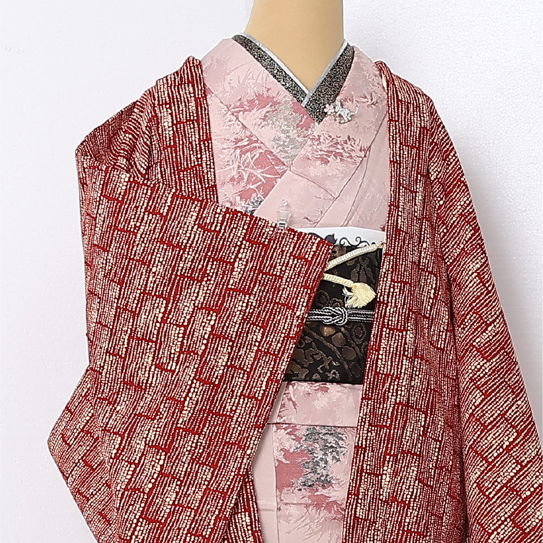 羽織 袷 身丈78cm 裄丈66cm 正絹 Sランク カジュアル Mサイズ 紐あり 創作柄 赤系 RP 1232-12948