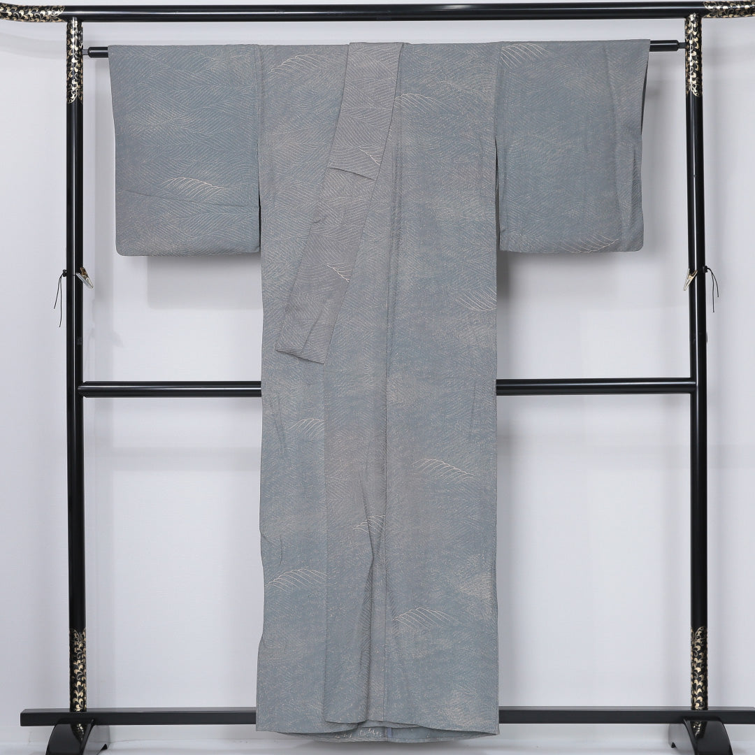 小紋 身丈156cm 裄丈65cm Sランク M 正絹 単衣 広衿 波 カジュアル グレー系 1215-12327