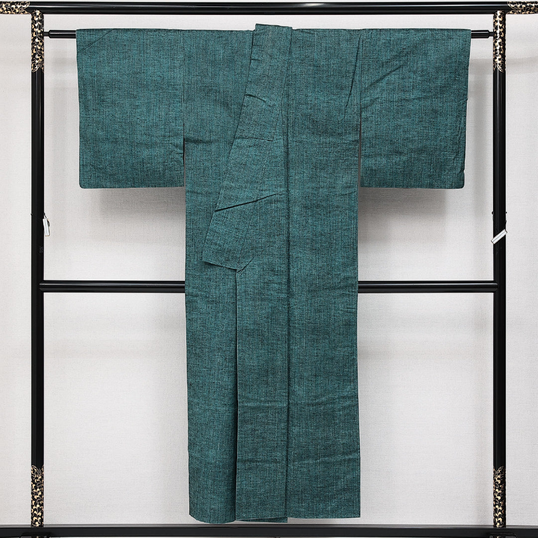 真綿紬 袷 身丈148cm 裄丈61cm 正絹 Sランク カジュアル 広衿 XSサイズ 無地 緑系 RP 1223-14213