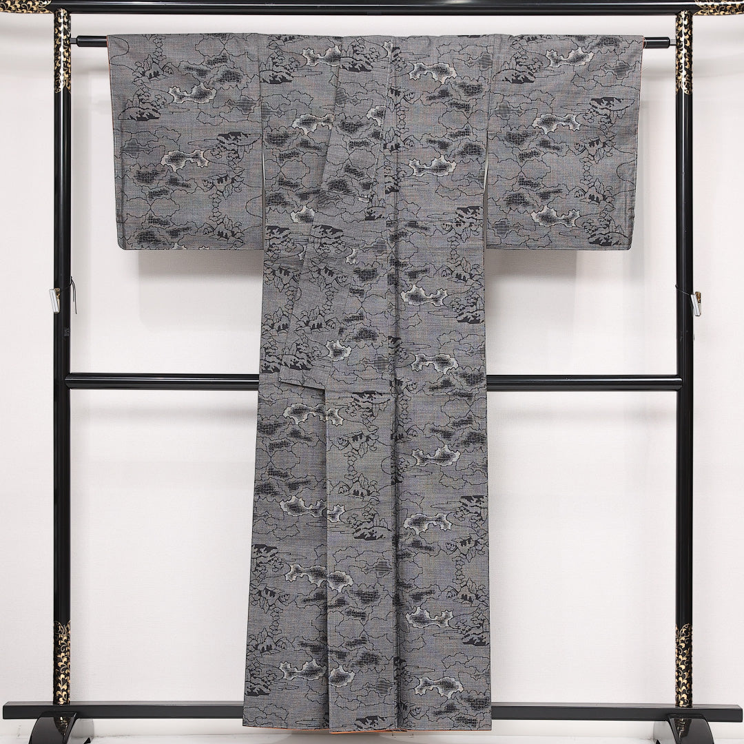 未使用品 村山大島紬 袷 身丈156cm 裄丈65cm 正絹 Sランク インフォーマル 広衿 Mサイズ しつけ糸 創作柄 グレー系 RP 1223-13502