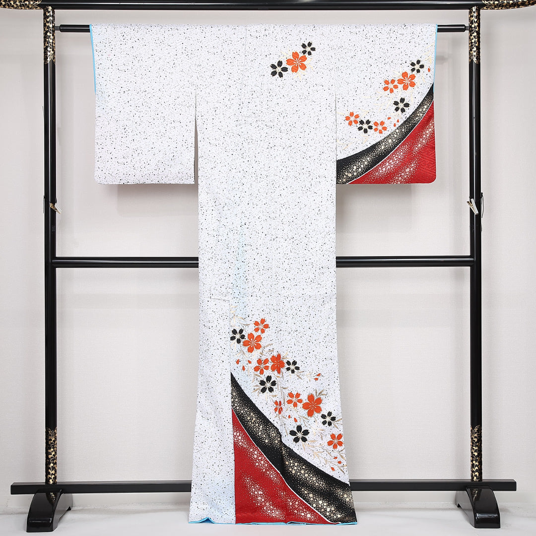 訪問着 単衣 身丈166cm 裄丈65.5cm Sランク ポリエステル 洗える着物 バチ衿 XLサイズ セミフォーマル 桜 白系 古典的 鮮やか 1212-13123