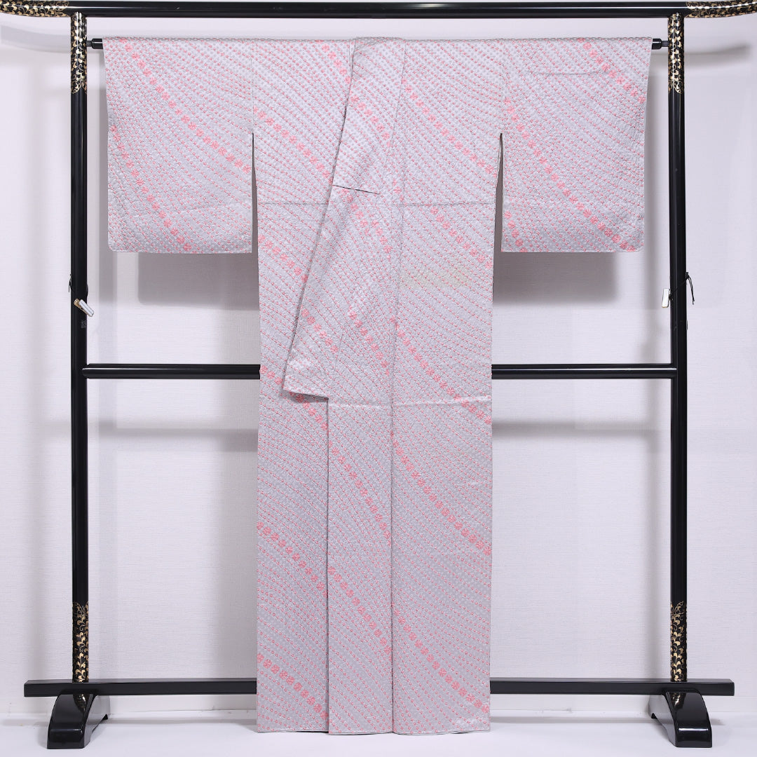小紋 袷 身丈163cm 裄丈66cm 正絹 Aランク インフォーマル 広衿 Lサイズ 創作柄 グレー系 HP 1221-11585
