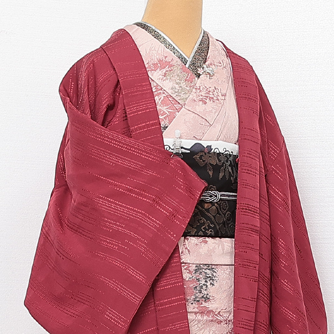羽織 袷 身丈80cm 裄丈65cm 正絹 Sランク カジュアル Mサイズ 織り出し 幾何学柄 ピンク系 RP 1232-13905