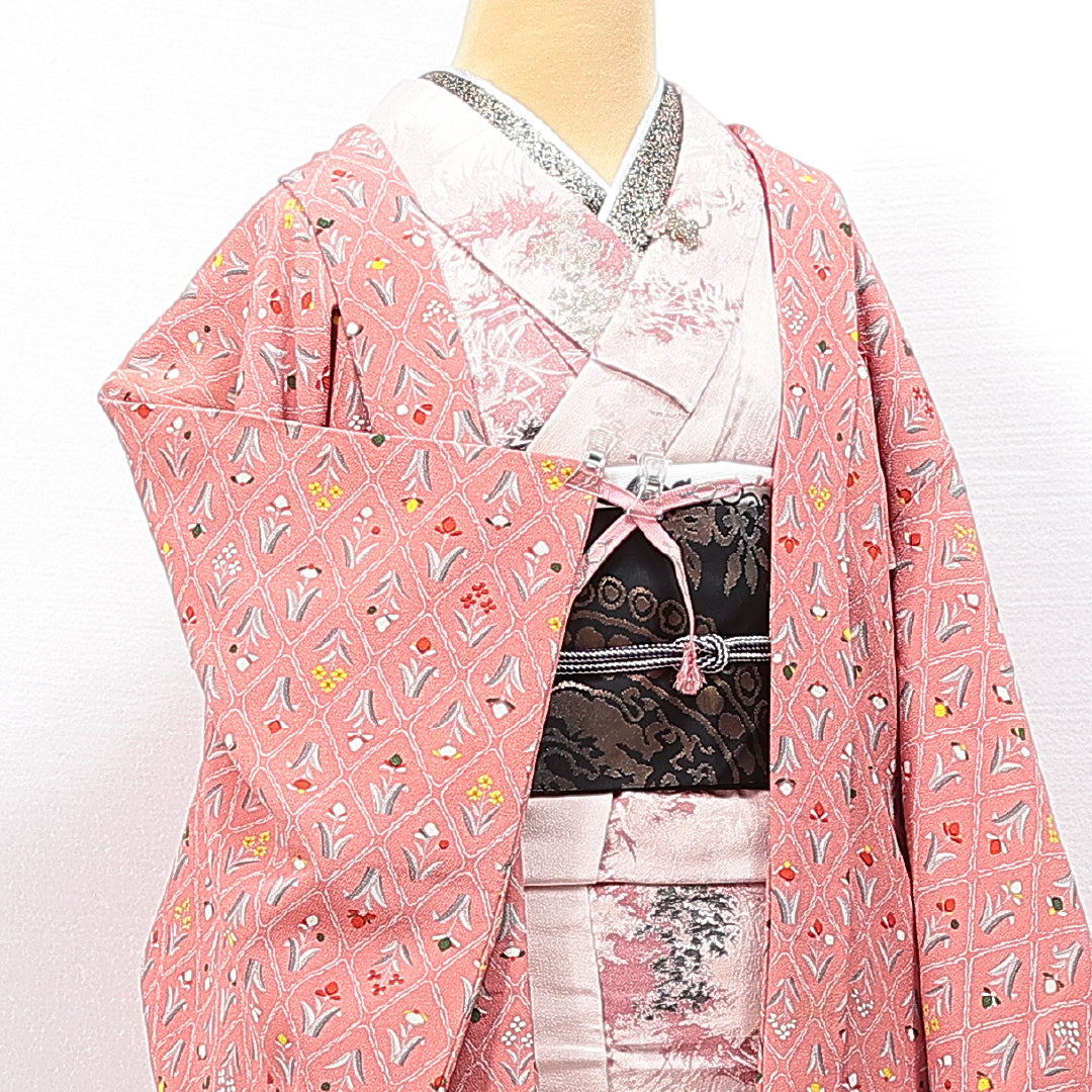 羽織 袷 身丈79cm 裄丈63cm 正絹 Sランク カジュアル Sサイズ 紐あり チューリップ ピンク系 RP 1232-14744