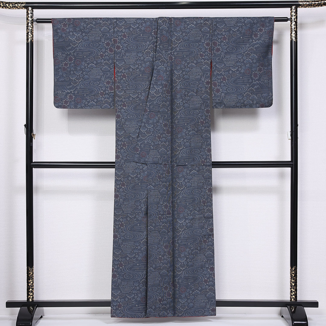 大島紬 身丈158cm 裄丈63.5cm S 正絹 Sランク 袷 バチ衿 流水 茶屋辻 1216-11288