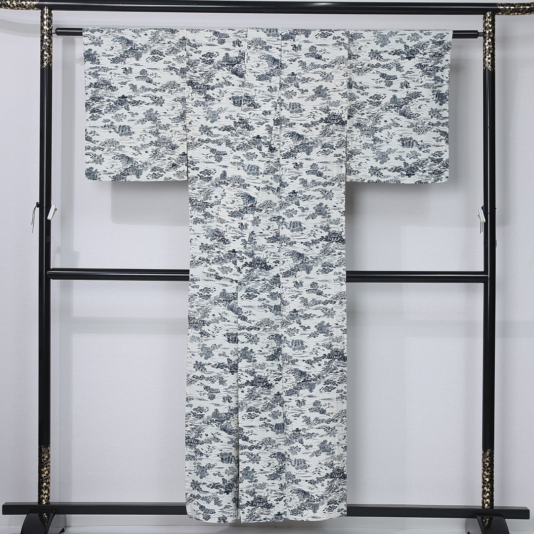 小紋 身丈154cm 裄丈62cm Sランク S 正絹 単衣 広衿 茶屋辻 カジュアル 白系 1215-12223