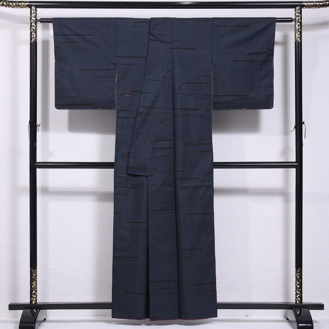 紬 袷 身丈157cm 裄丈63cm 正絹 Aランク カジュアル 広衿 Mサイズ 創作柄 紺系 HP 1223-11832