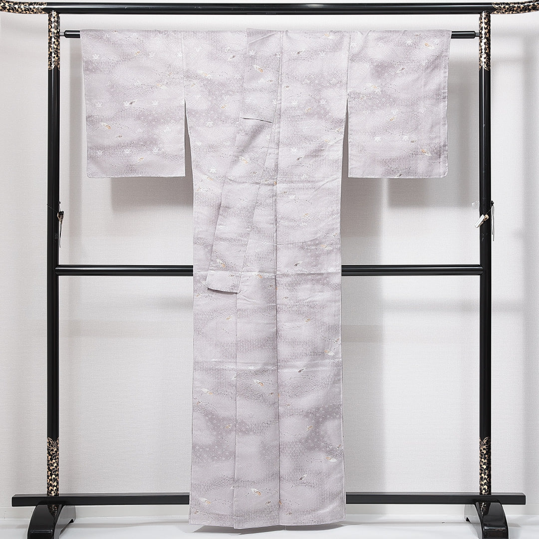 洗える着物 小紋 袷 身丈158cm 裄丈62cm ポリエステル Aランク インフォーマル 広衿 Mサイズ 扇 吉祥文様 グレー系 RP 1221-14904