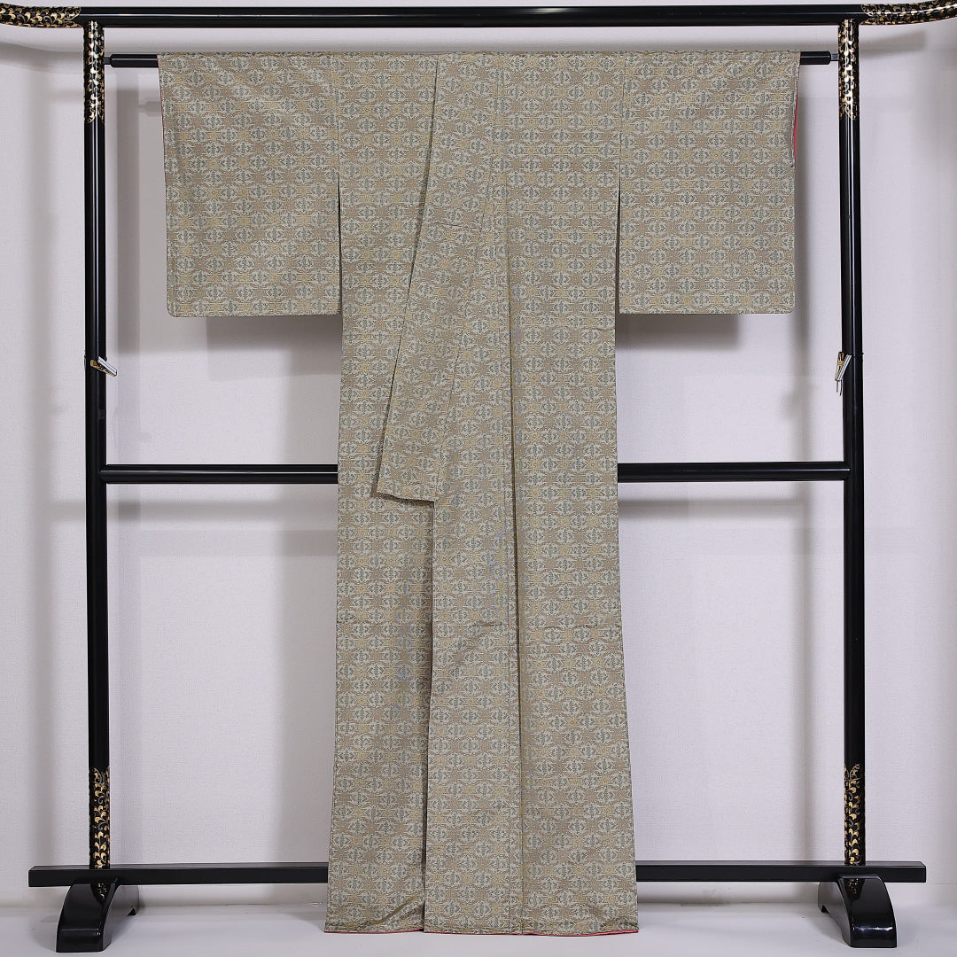 大島紬 袷 身丈162.5cm 裄63.5cm 正絹 創作 緑系 しつけ糸 Sランク 1216-01419