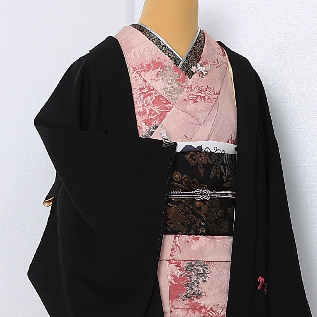 黒羽織 袷 身丈72cm 裄丈63cm 正絹 Sランク 一つ紋 (五三桐) セミフォーマル Sサイズ 蘇州刺繍 桔梗 黒系 RP 1233-12930