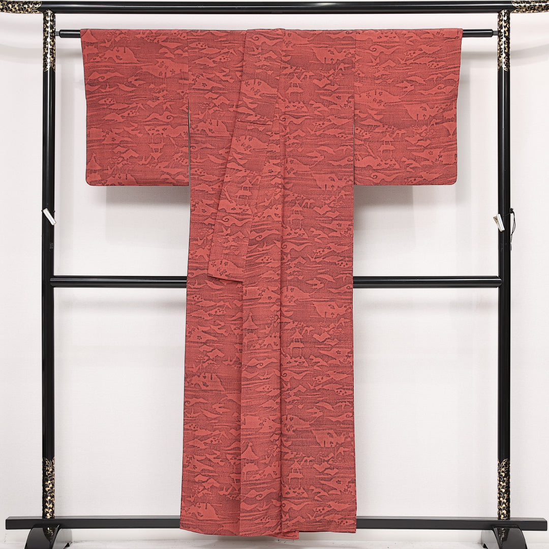 小紋 袷 身丈153cm 裄丈63cm 正絹 Sランク インフォーマル 広衿 Sサイズ 創作柄 朱系 RP 1221-13303