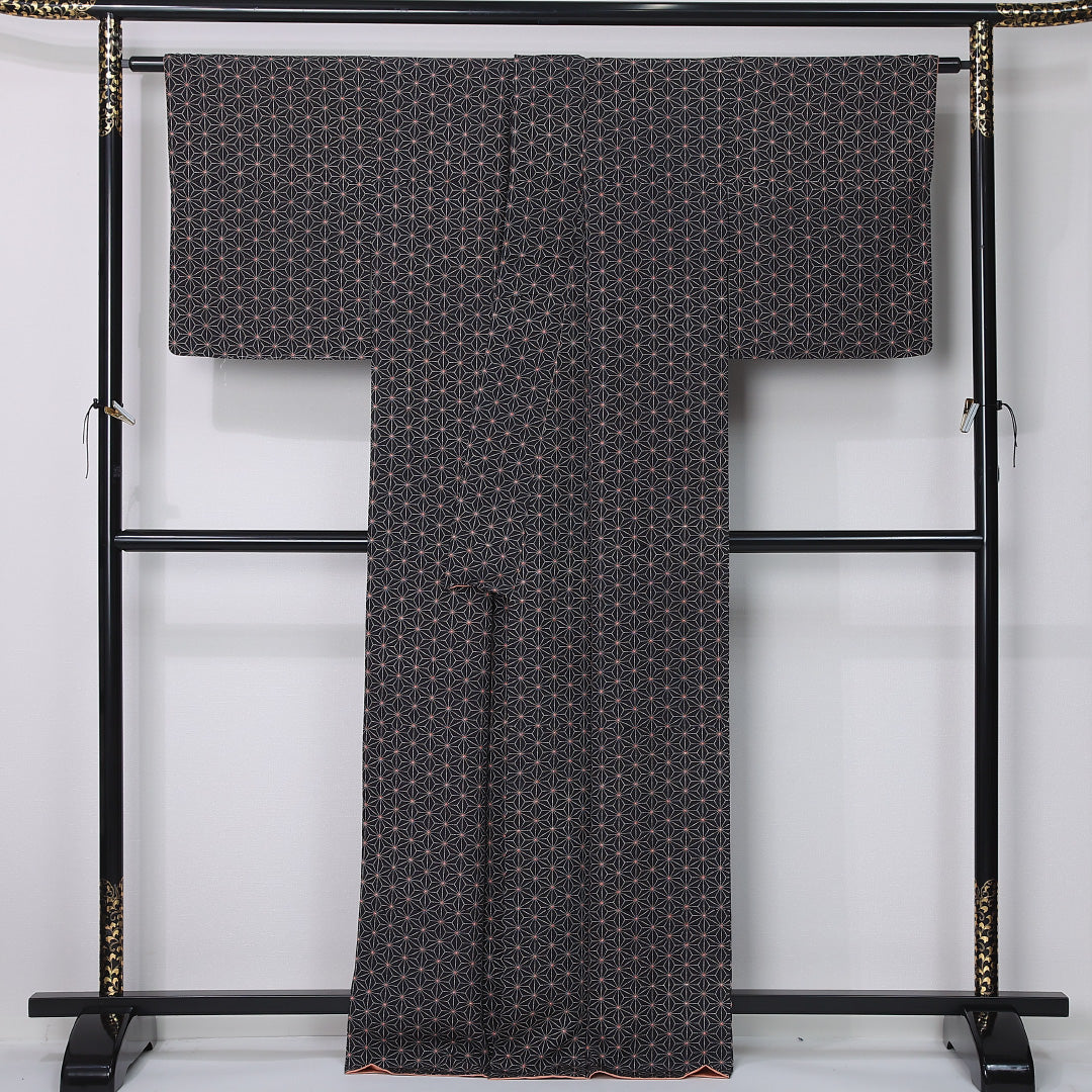 本場加賀友禅 小紋 身丈167cm 裄丈65cm Sランク XL 正絹 袷 広衿 金澤小紋 ちりめん 麻の葉 カジュアル 茶系 1215-12379