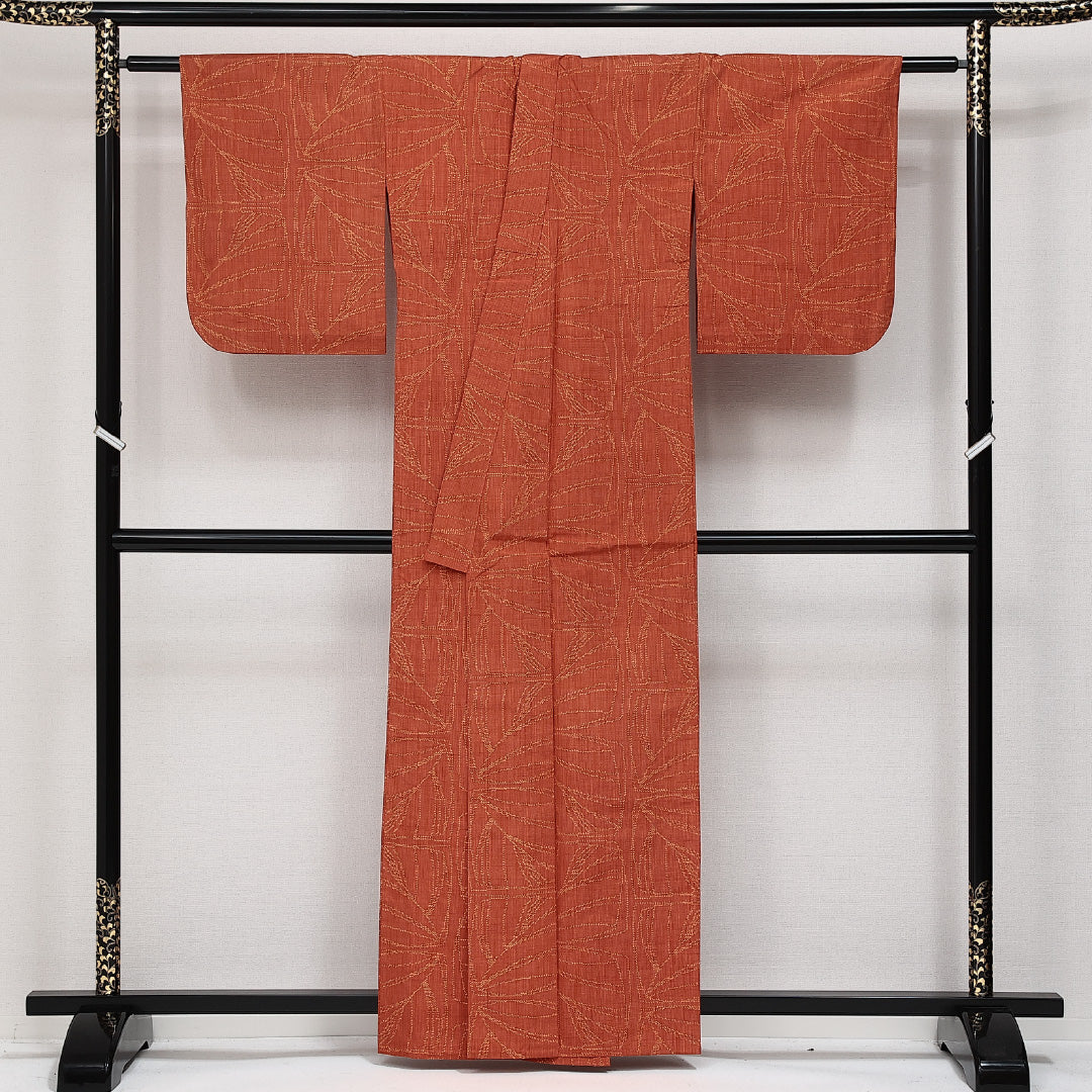 紬 単衣 身丈159cm 裄丈63cm 正絹 Sランク カジュアル 広衿 Mサイズ 麻の葉 朱系 RP 1223-14217