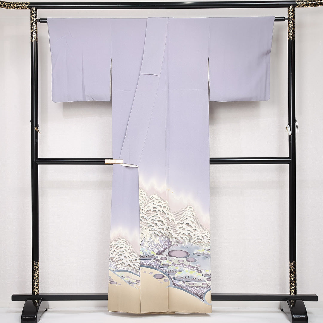色留袖 三つ紋 丸に木瓜 加賀友禅作家 村田雪司 身丈158cm 裄丈66cm Bランク 正絹 広衿 M 落款 雪の兼六園 セミフォーマル 独創的 格調高い 紫系 1211-F0534