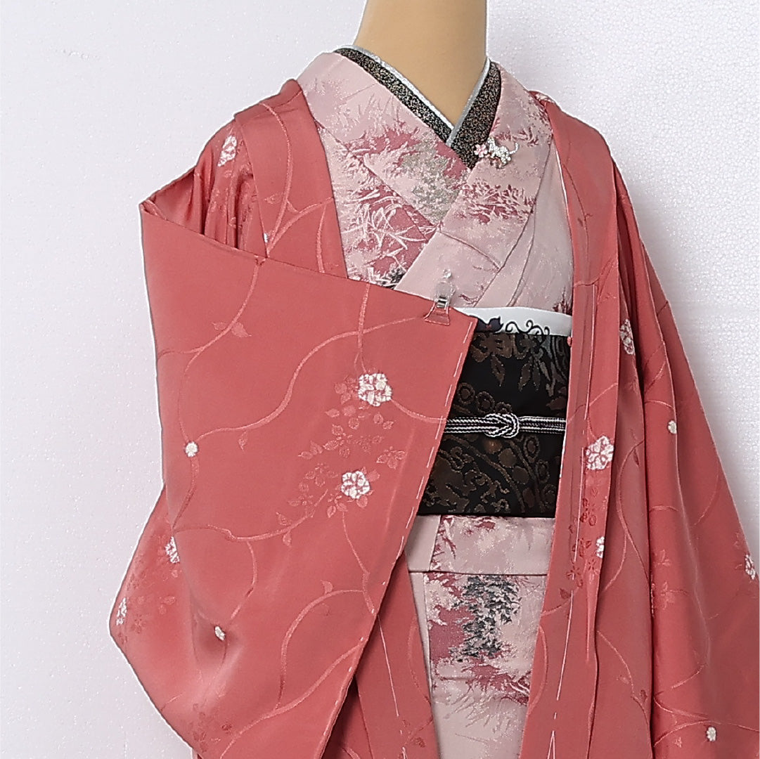 羽織 袷 身丈83cm 裄丈64cm 正絹 Sランク カジュアル Mサイズ 花柄 ピンク系 RP 1232-12861
