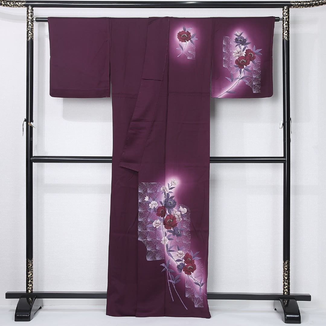 訪問着 身丈164cm 裄丈66cm Sランク L 正絹 単衣 広衿 エレガント 居敷当て 扇 ぼかし 薔薇 セミフォーマル 紫系 1212-12287
