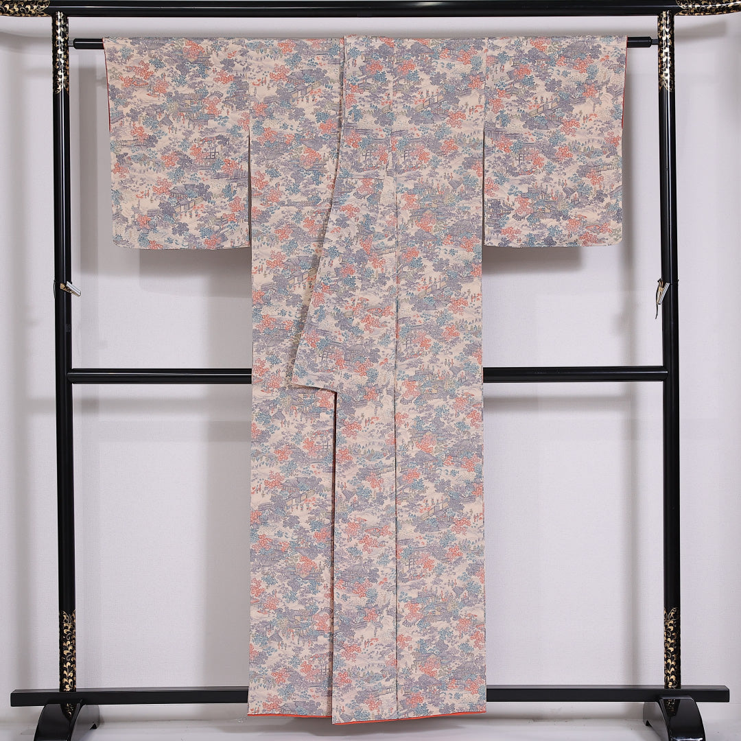 小紋 袷 身丈154cm 裄61.5cm 正絹 御所解 クリーム系 ちりめん Sランク しつけ糸 1215-02465