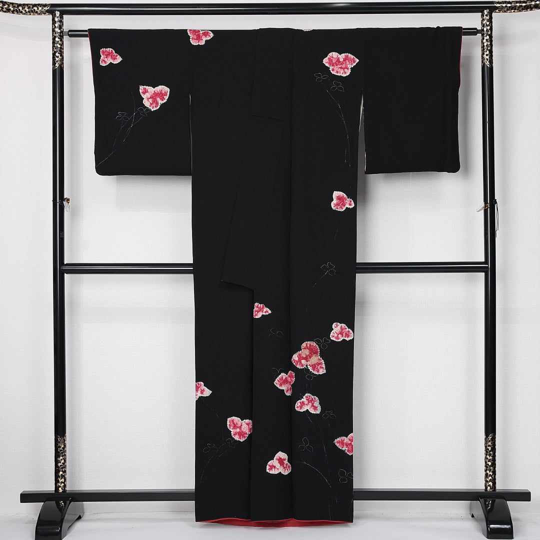 アンティーク 付下げ 袷 身丈158cm 裄丈62cm 正絹 Aランク 広衿 Mサイズ 紫陽花 黒系 M4 1218-12504