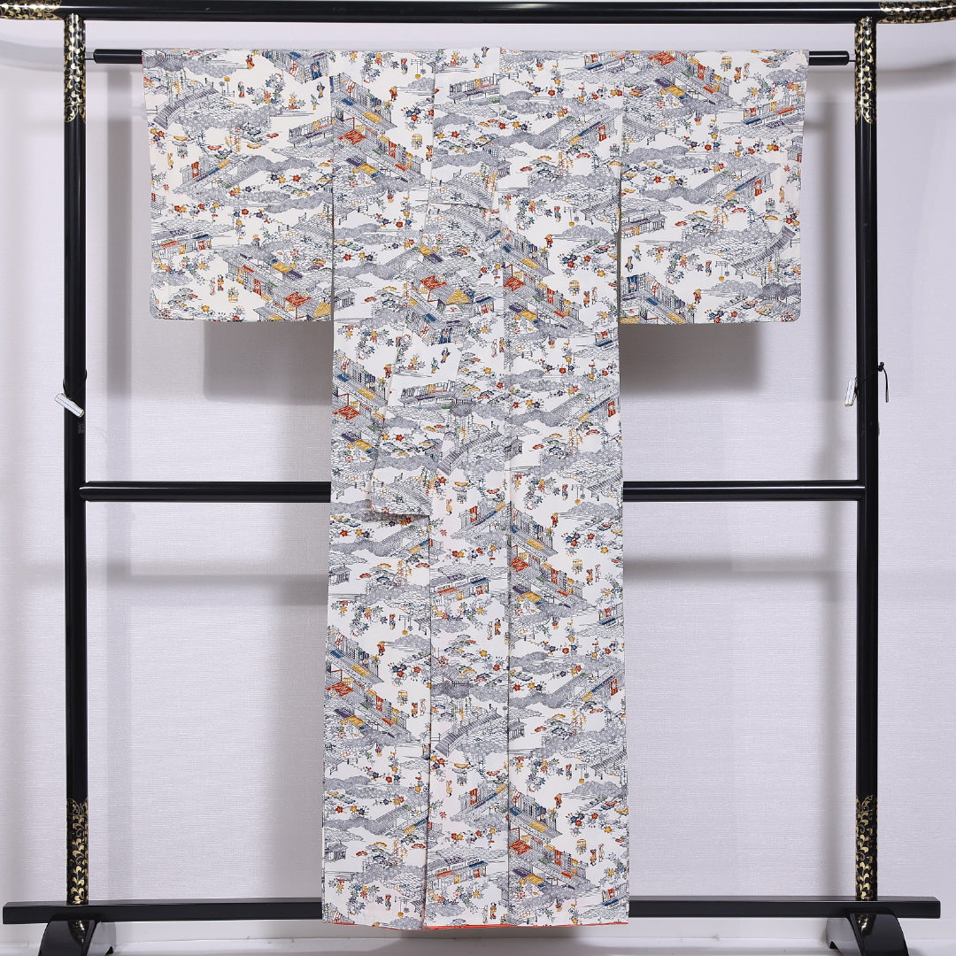 未使用品 小紋 袷 身丈155cm 裄丈62cm 正絹 Nランク インフォーマル 広衿 Mサイズ しつけ糸 人物 風景柄 グレー系 RP 1221-11668