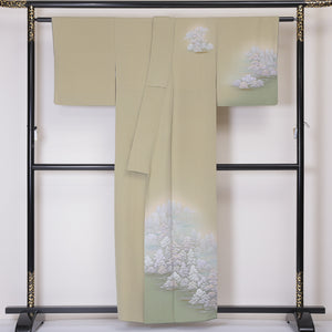 京友禅 訪問着 袷 身丈156cm 裄63cm 正絹 緑系 Bランク 風景 手描き 1212-00514