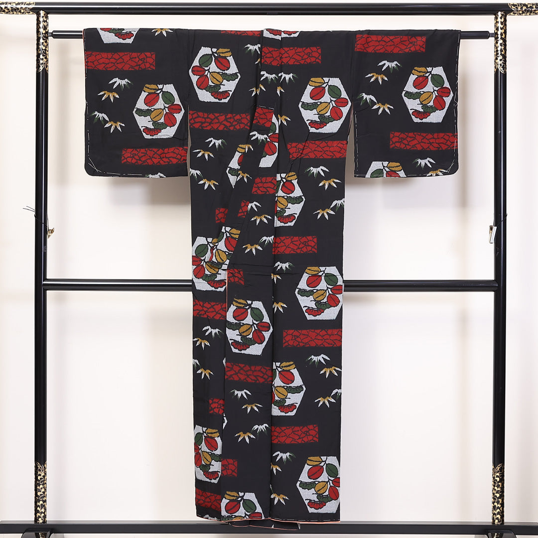 アンティーク お召 袷 身丈151cm 裄62cm 正絹 黒系 Aランク 1216-01276
