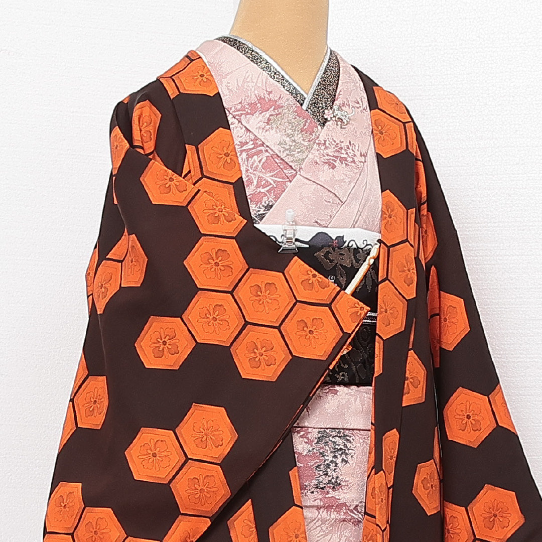 黒羽織 袷 身丈71cm 裄丈66cm 正絹 Sランク インフォーマル Mサイズ 花菱亀甲 黒系 RP 1233-13861