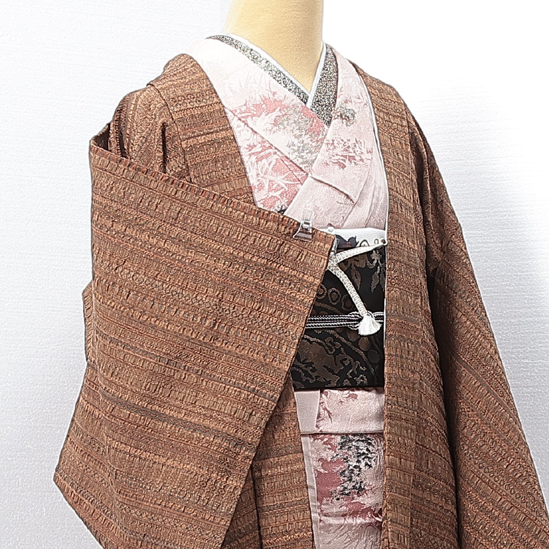 羽織 袷 身丈78cm 裄丈61cm 正絹 Sランク カジュアル Sサイズ 紐あり 幾何学柄 茶系 RP 1232-14658
