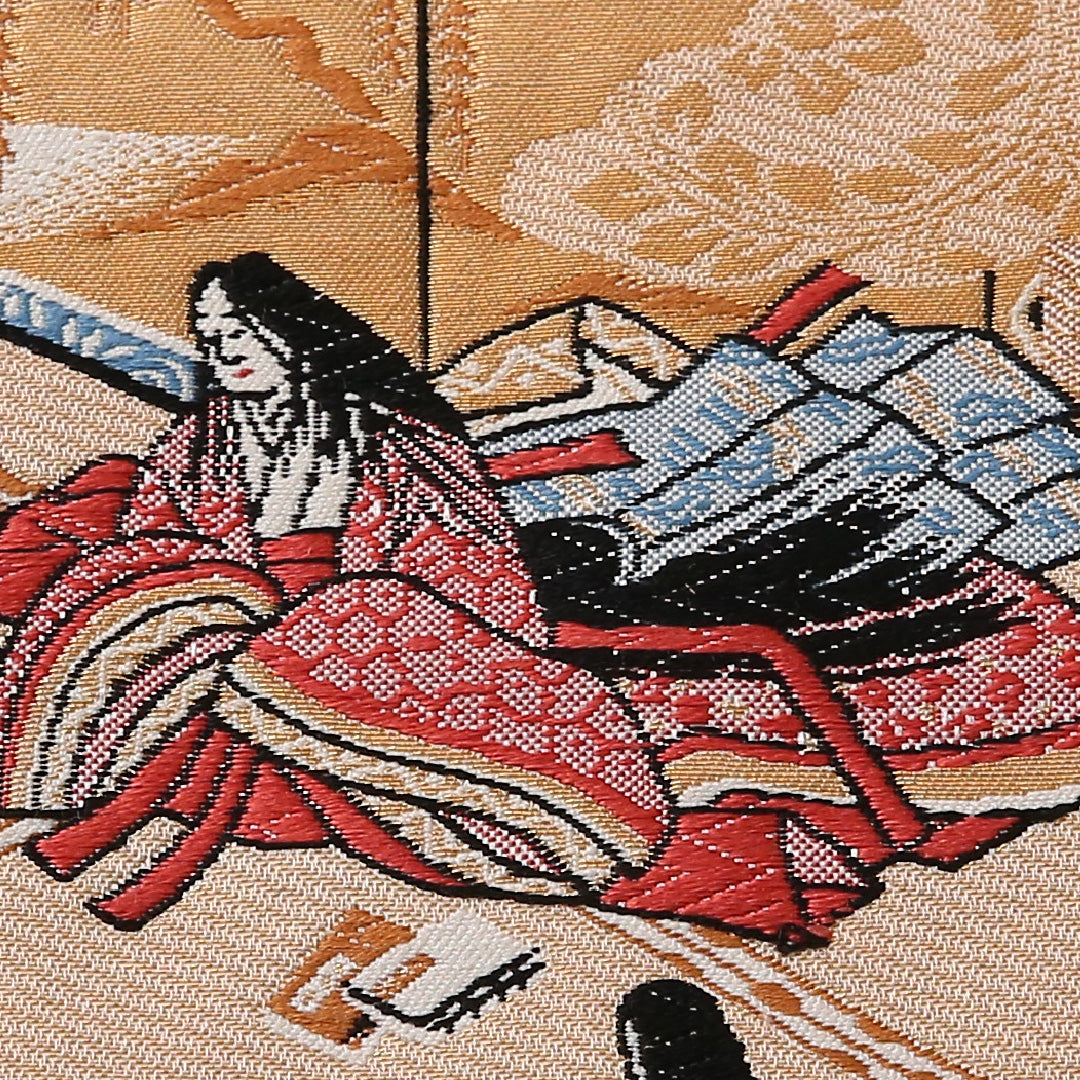 袋帯 帯丈432cm 正絹 六通 フォーマル 源氏物語 平安絵巻 ベージュ系 金系 1243-01636