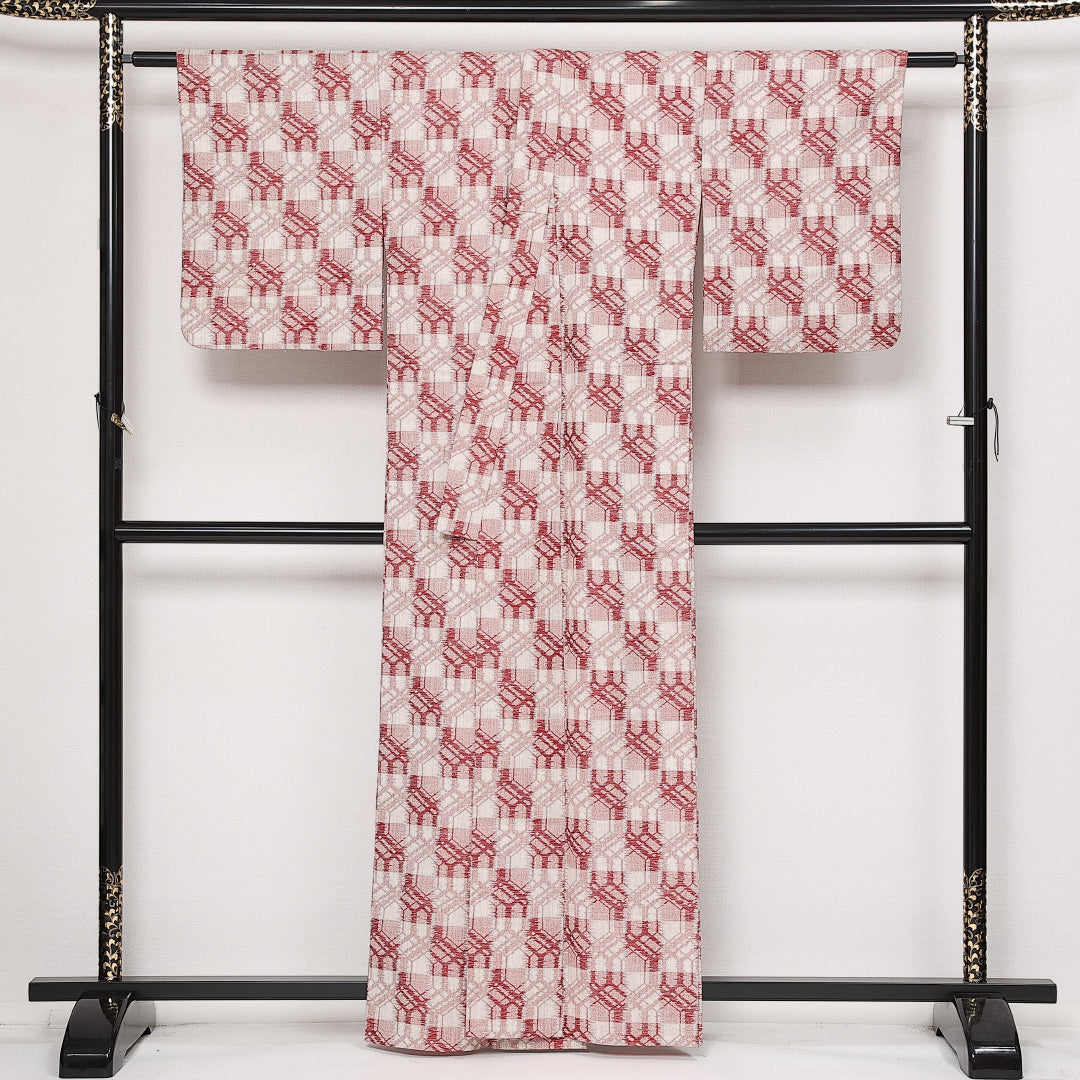 洗える着物 ウールの紬 単衣 身丈160cm 裄丈65cm ウール Sランク カジュアル Lサイズ 市松 赤系 RP 1223-13729