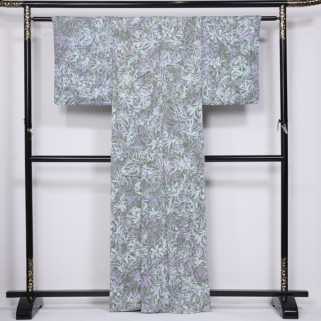 小紋 袷 身丈161cm 裄丈62cm 正絹 Bランク インフォーマル 広衿 Lサイズ 植物柄 緑系 RP 1221-11271