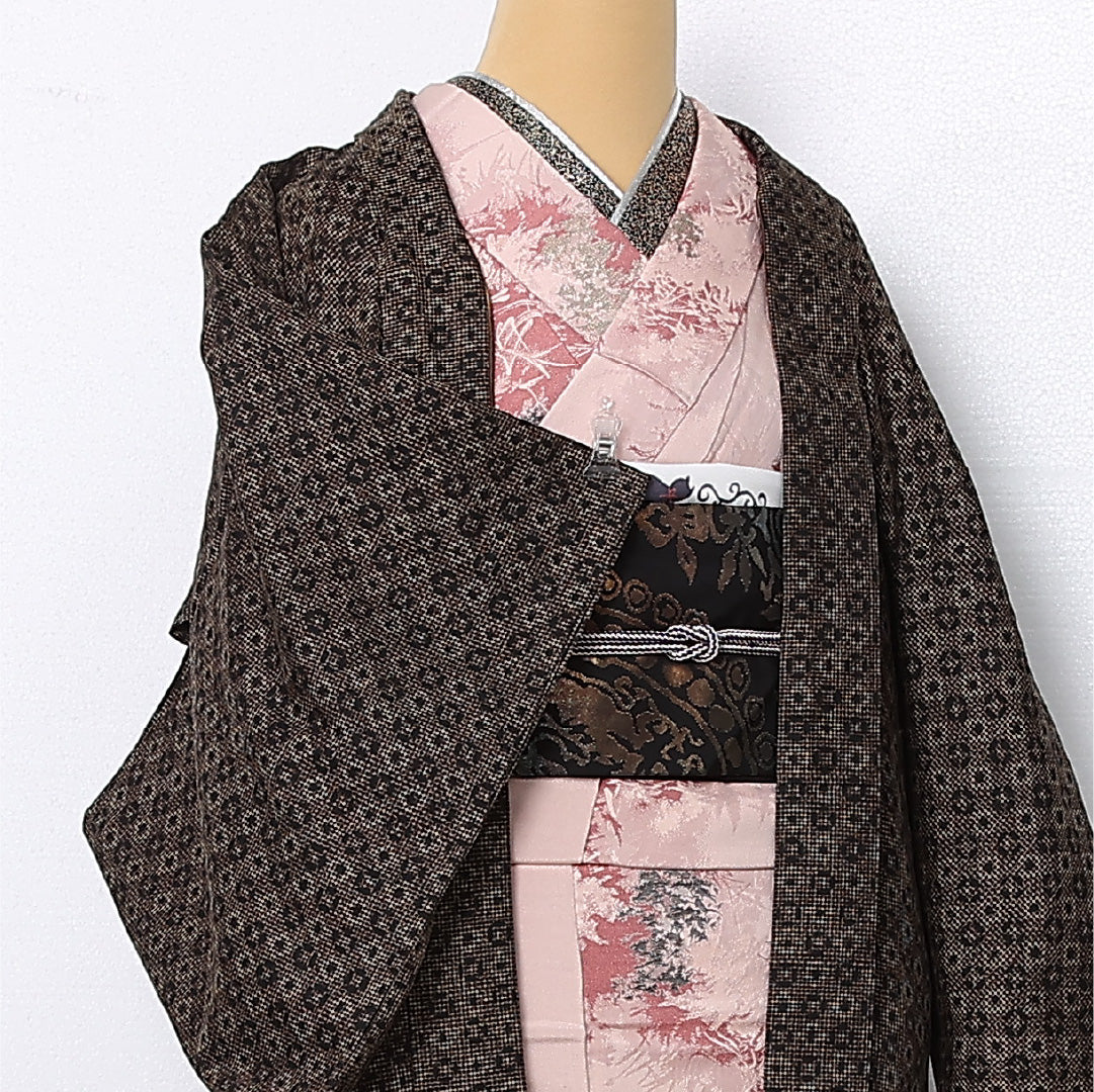 羽織 袷 身丈85cm 裄丈62cm 正絹 Aランク カジュアル Sサイズ 斜め格子 茶系 RP 1232-12761
