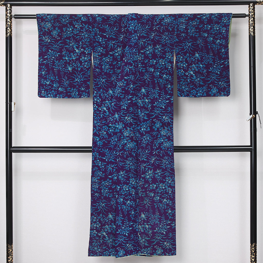 アンティーク 小紋 袷 身丈138cm 裄丈60cm 正絹 Aランク バチ衿 XSサイズ 花柄 紫系 M4 1221-12482