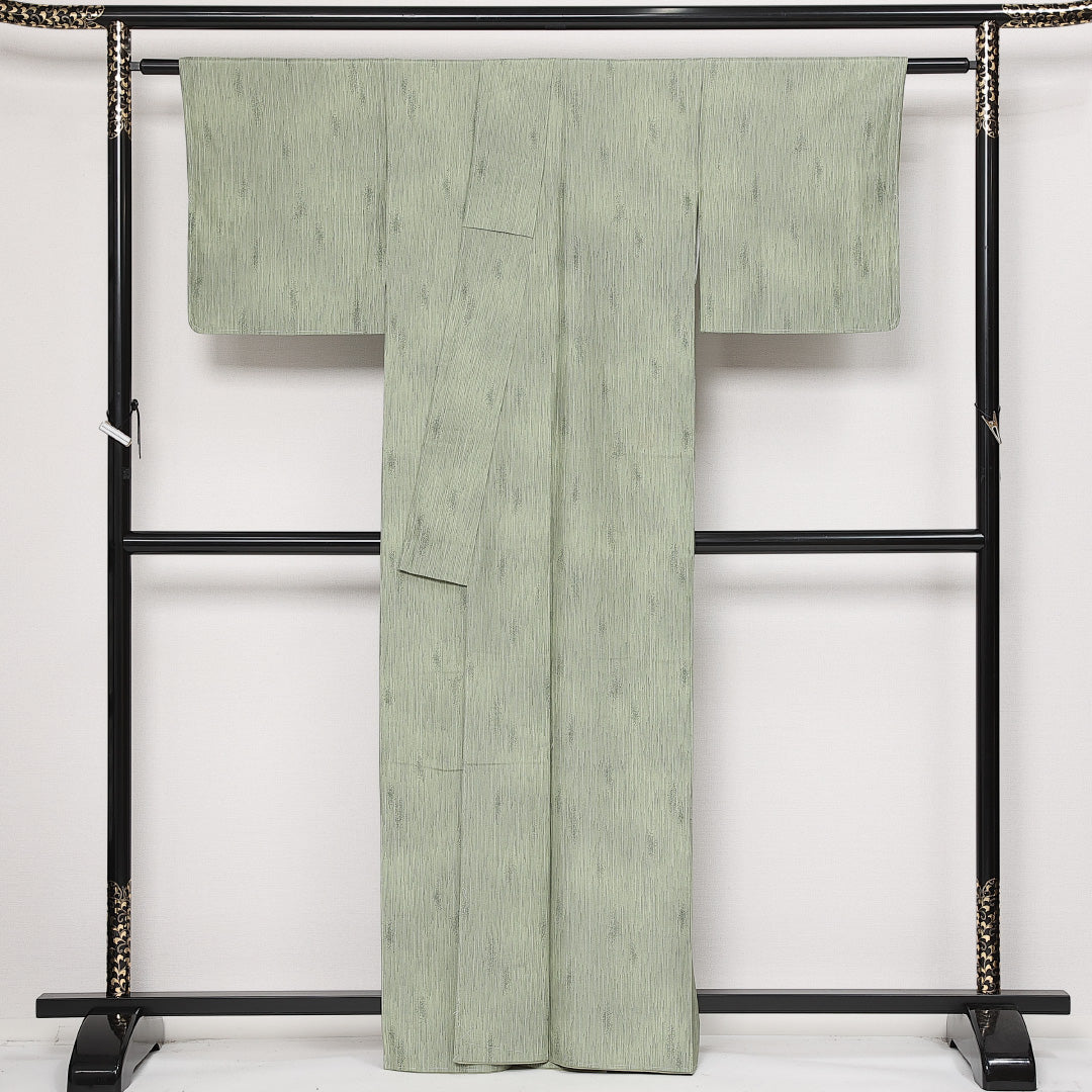 未使用品 小紋 袷 身丈158cm 裄丈65cm 正絹 Nランク インフォーマル 広衿 Mサイズ しつけ糸 創作柄 緑系 M4 1221-13660