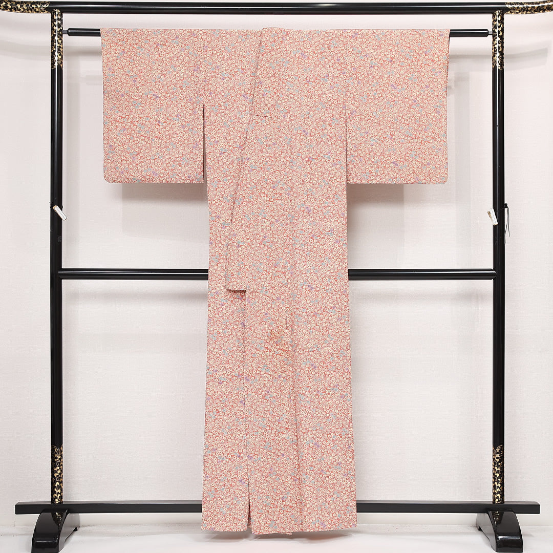 洗える着物 小紋 単衣 身丈159cm 裄丈63cm ポリエステル Bランク インフォーマル バチ衿 Mサイズ 花柄 赤系 HP 1221-13316